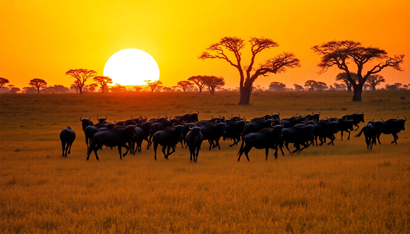 Wildebeest migration safari capturing a herd crossing the savanna during sunset.