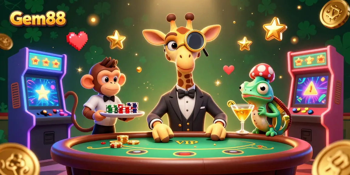 Engage with Gem88 in this vibrant 3D illustration featuring a high-roller giraffe at a poker table amidst arcade games.