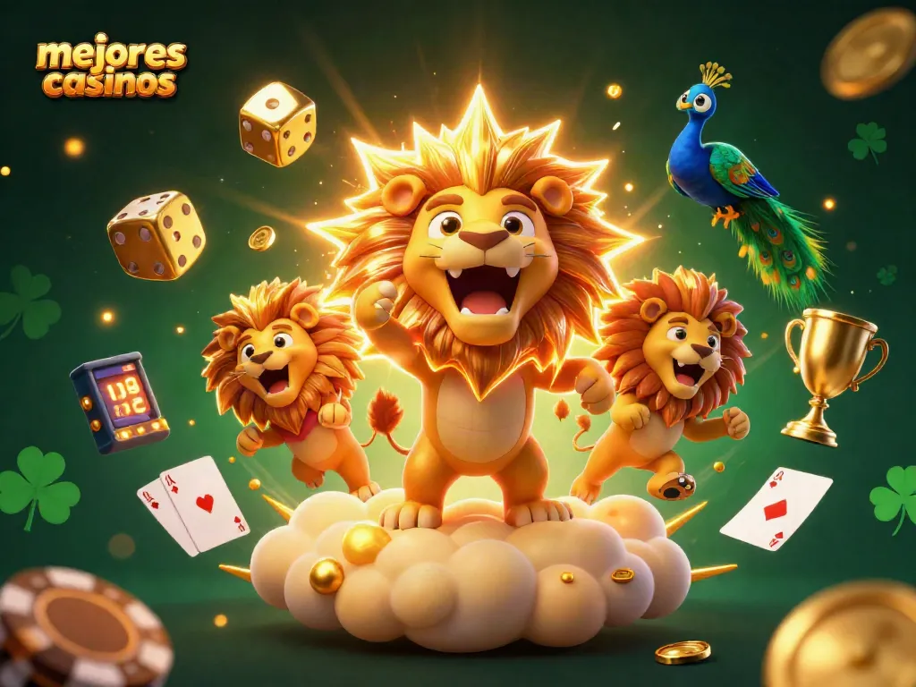 Disfruta de los mejores casinos mientras juegas póker con un león radiante y elementos dorados en acción.