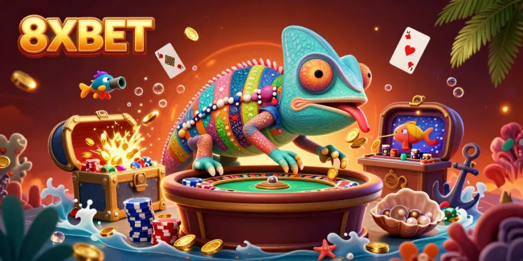 8XBET chameleon casino owner captures golden coins, set against a vibrant underwater theme.
