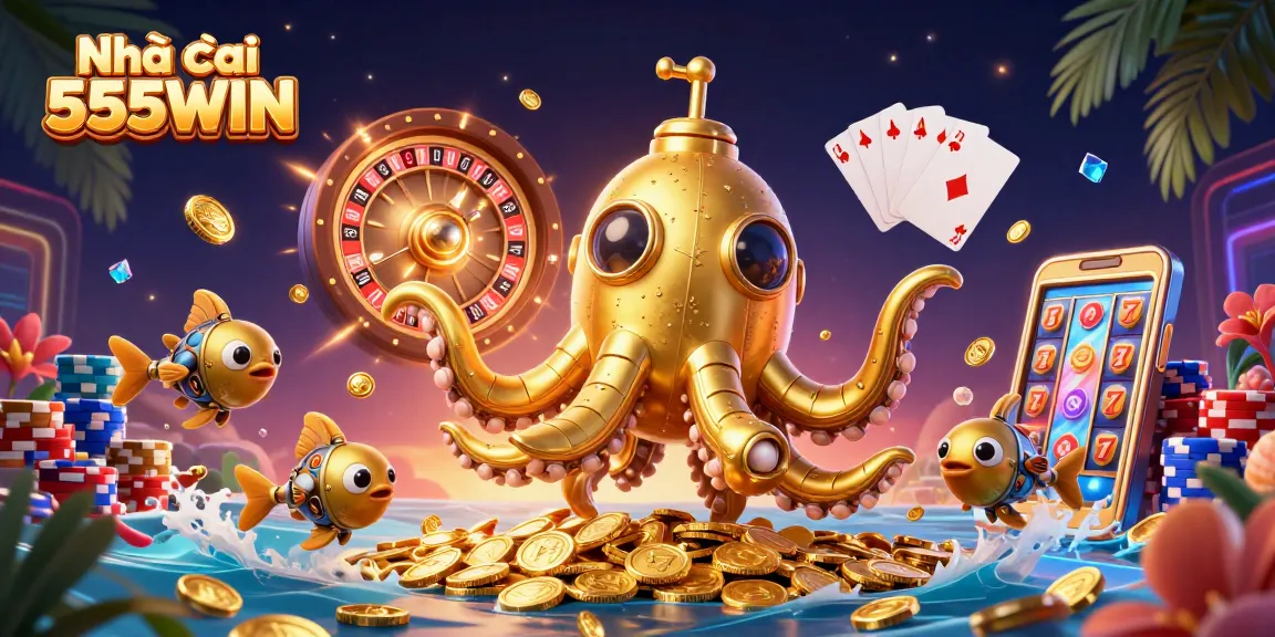 Engage with Nhà cái 555WIN through exciting gaming adventures represented by the golden kraken amidst cascading coins and vibrant casino elements.