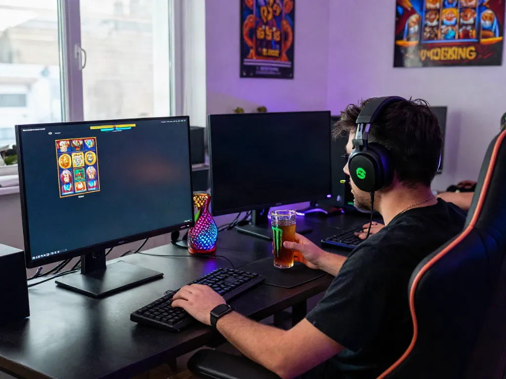 Engaging online gaming setup at DA88 with vibrant slot games displayed on dual monitors.