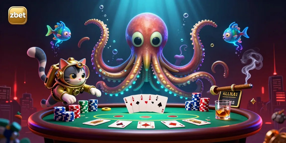 Play poker with zbet as a kraken and diving cat create an underwater gambling adventure.