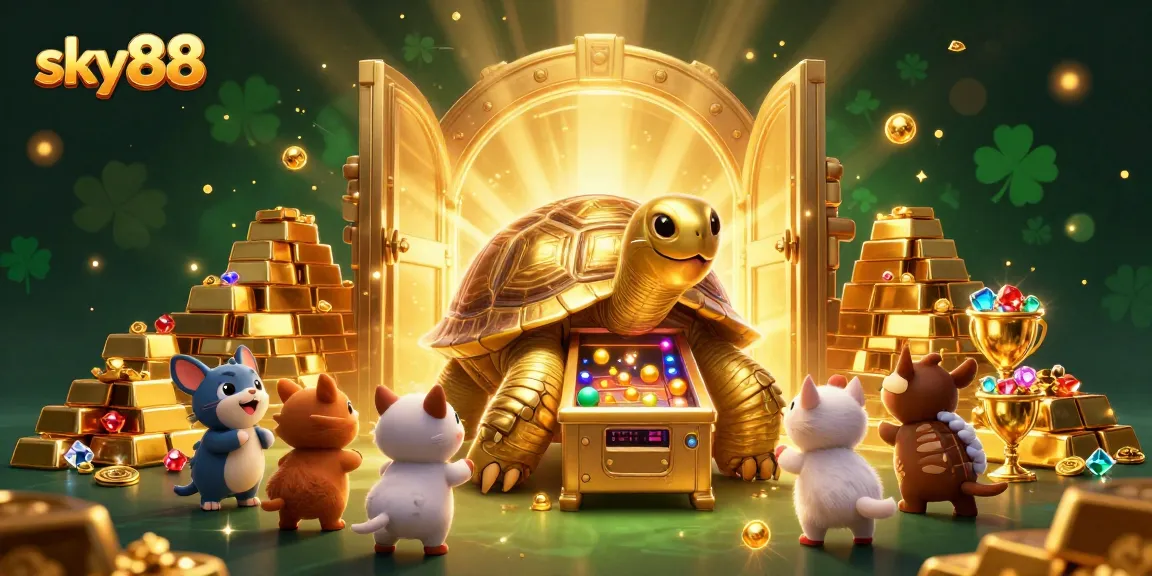 Experience exciting gameplay at sky88 with a vibrant scene filled with gold, gems, and a playful tortoise.