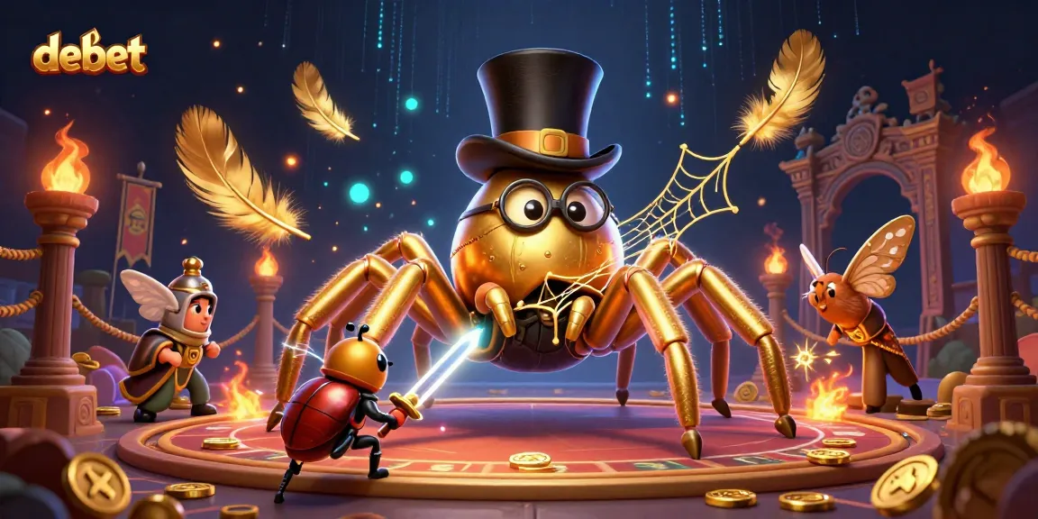 Engage with debet gaming excitement featuring a golden tarantula and beetle knight in a vibrant casino atmosphere.