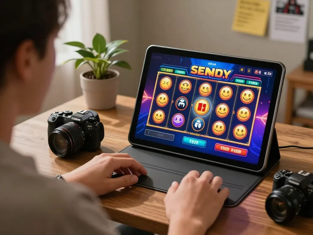 Engaging in online slot gaming on tablet in a cozy home setting, focusing on strategic betting.