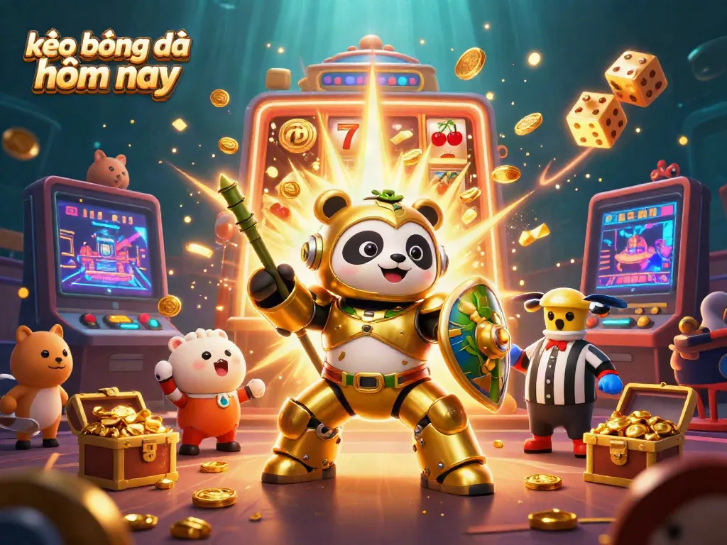 The thrilling scene of kèo bóng đá hôm nay features a dynamic arena with a mech-suit panda and vibrant casino elements.