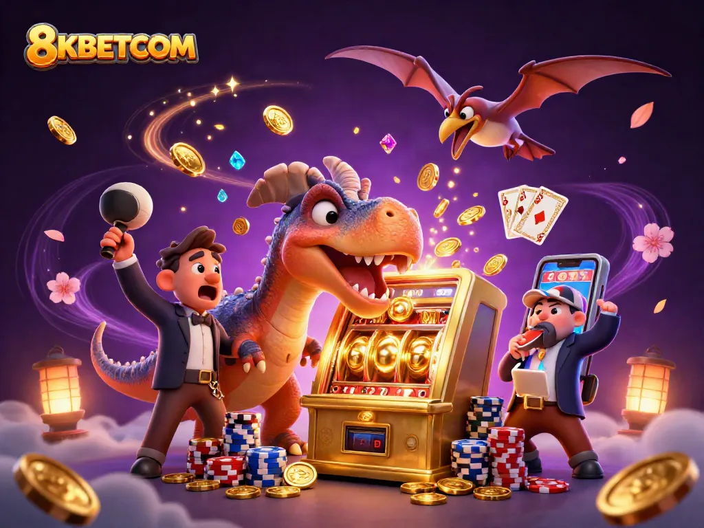 8KBETCOM features a pachycephalosaurus at a golden slot machine hitting the jackpot, with flying coins.