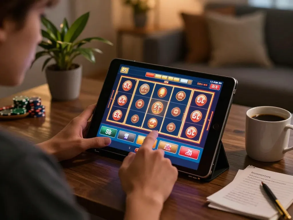 Engaging in online casino gaming through go99, showcasing slots and strategic notes in a cozy atmosphere.