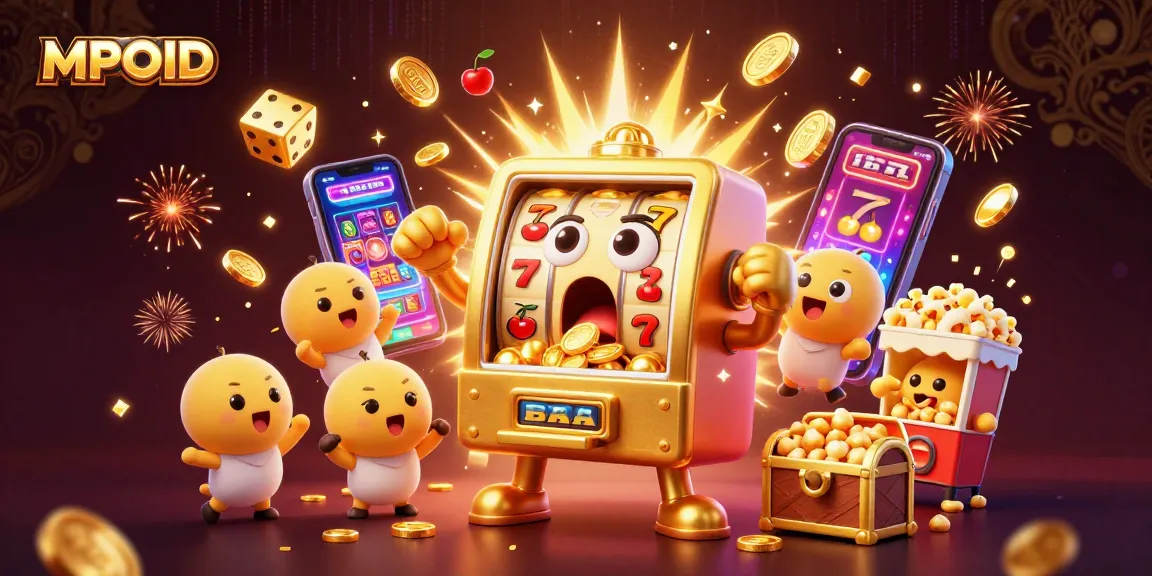 MPOID's golden slot machine celebrates a jackpot, showering coins with cheering mini slot machines.