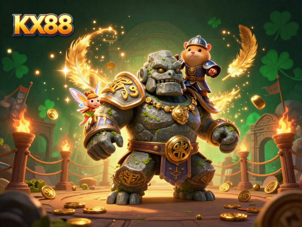 KX88 offers an exciting gaming scene with a magical golem guardian and knight in action, surrounded by gold coins.