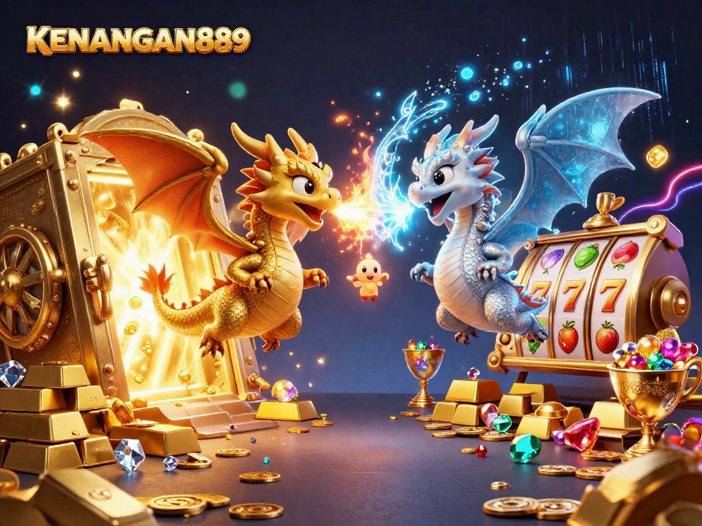 Experience captivating slot action with KENANGAN889 amidst magical dragons, treasure, and neon lights.
