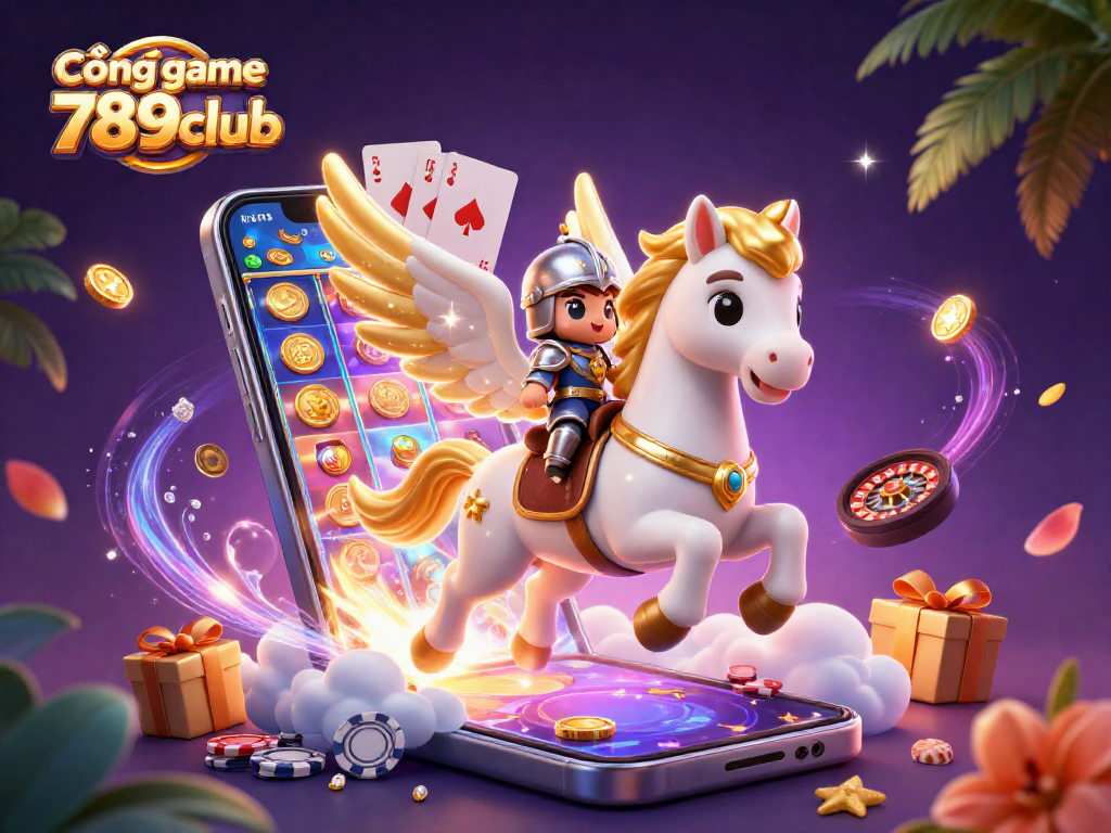 Cổng game 789club: Trải nghiệm trò chơi hấp dẫn với ngựa trắng bay trên nền trời đầy sao.
