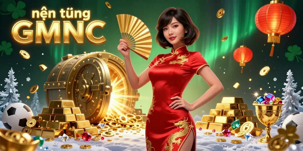 Engage with the vibrant nền tảng GMNC, showcasing a gorgeous woman in a crimson dress surrounded by gold and sports betting elements.
