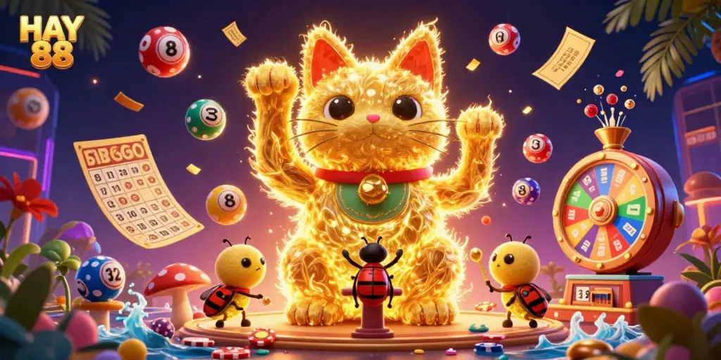 Engage with HAY 88's vibrant casino scene featuring a giant lucky cat and dynamic gaming elements.