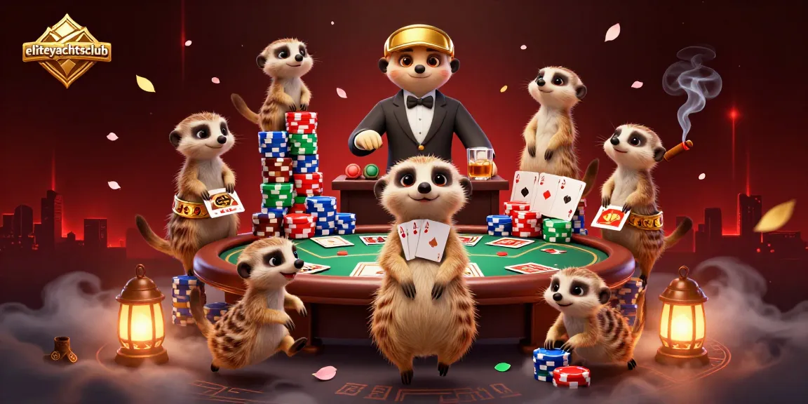 eliteyachtsclub showcases a lively casino scene with meerkats, poker chips, and vibrant atmosphere.