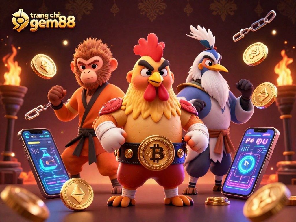 Engage with the vibrant world of trang chủ gem88 featuring a dynamic 3D illustration of unique casino characters and crypto elements.