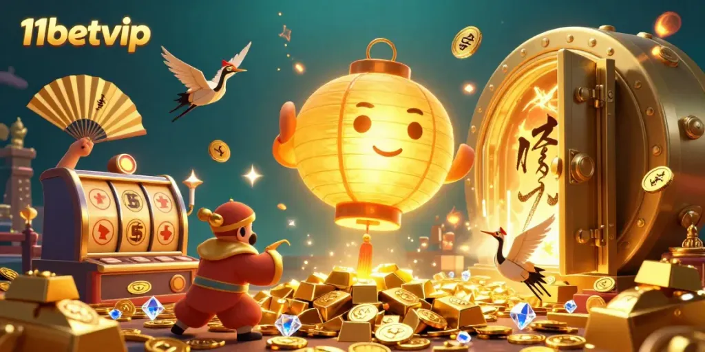 Experience massive wins with 11betvip's vibrant casino night market filled with golden symbols and treasures.