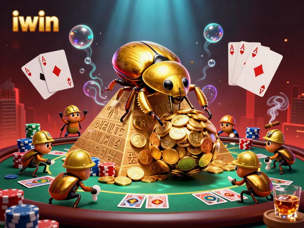 Join the excitement at iwin as a golden beetle rolls coins under a vibrant casino atmosphere.