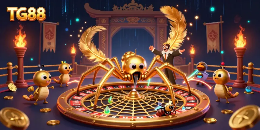 Experience the dynamic thrills of TG88 with a vibrant 3D scene featuring a roulette wheel and playful characters.