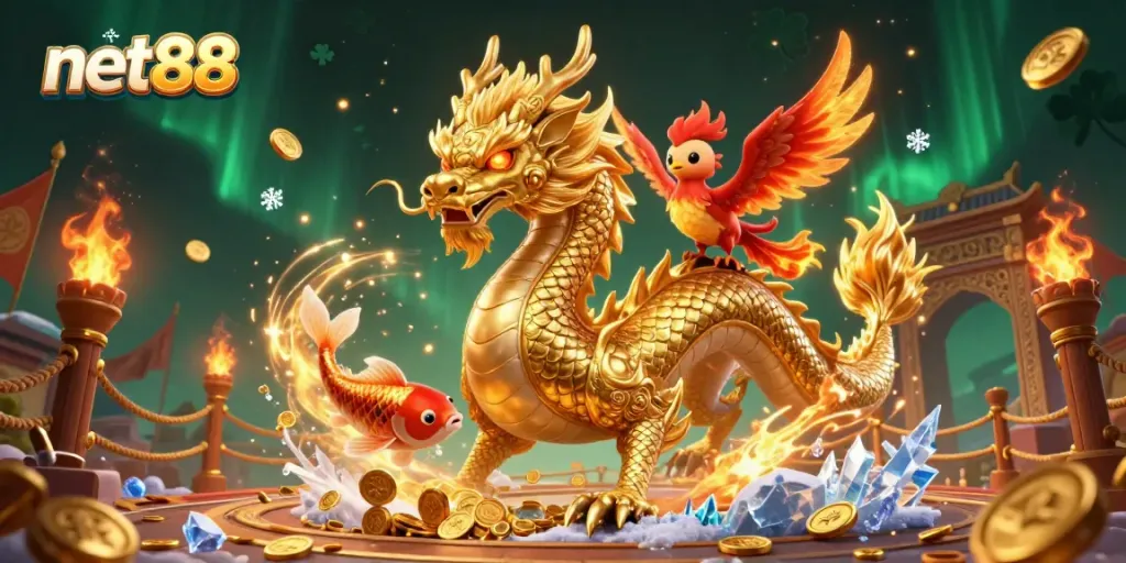 Engage in thrilling betting action with net88's vibrant casino scene featuring a dragon, phoenix, and koi fish.