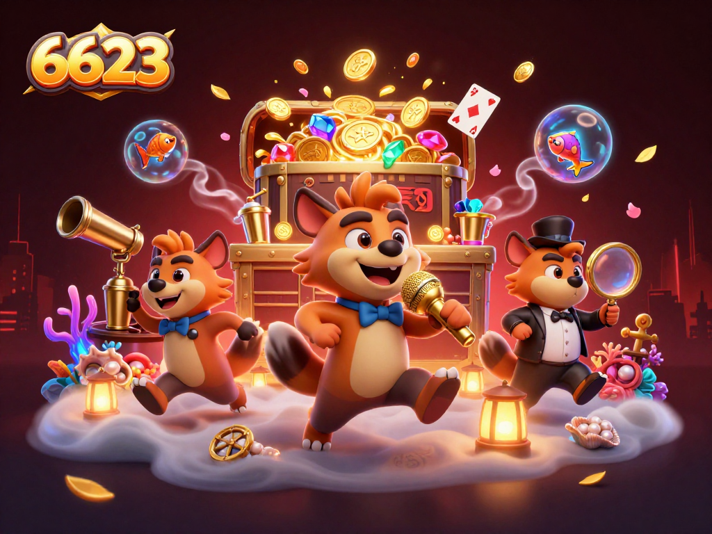 Engage with 6623's vibrant casino atmosphere featuring hyenas in action, winning at games.