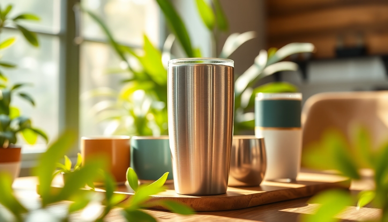 Engaging tumblers displayed alongside vibrant greenery and soft light.
