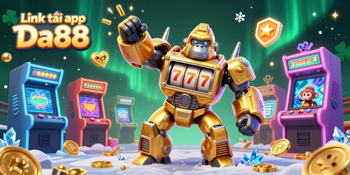 Launch into the excitement of Link tải app Da88 with a dynamic casino-themed 3D illustration showcasing gaming machines and treasures.