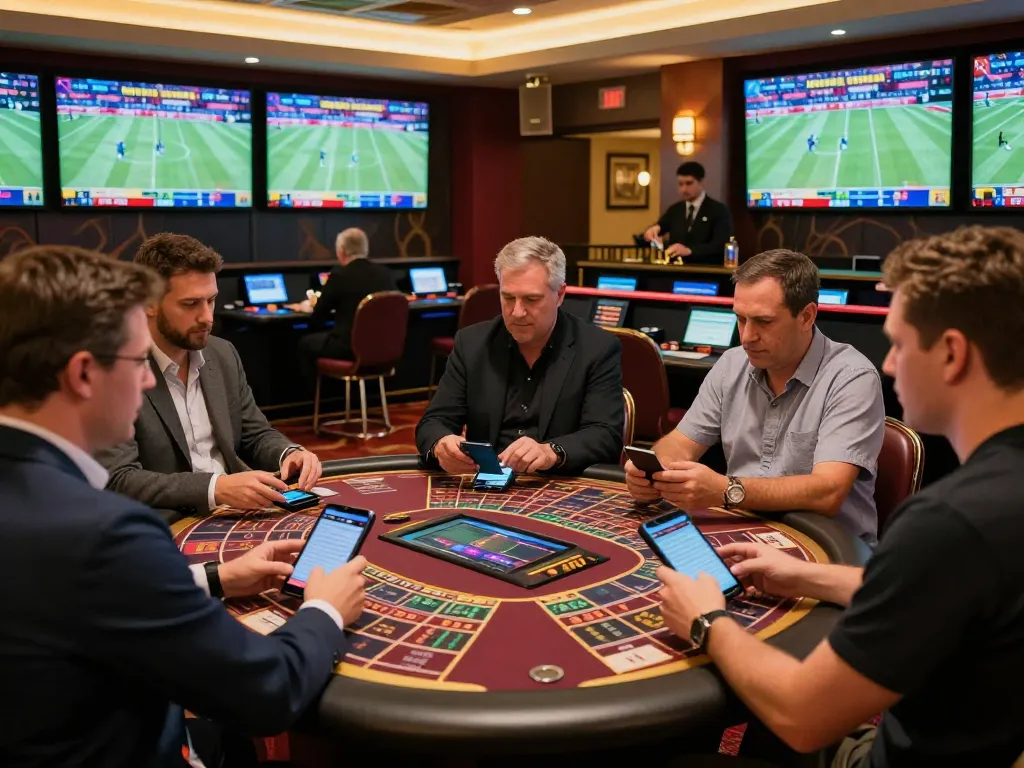 Sports enthusiasts analyzing live matches at cm88-vn's premium betting area, engaging in strategic wagers.