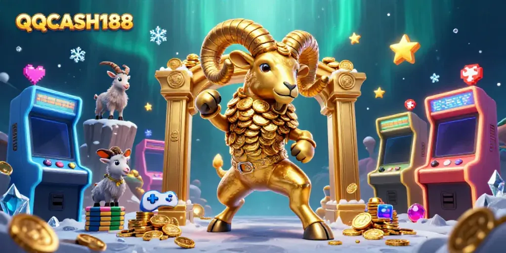 Experience the thrill of QQCASH188 with a golden ram charging through a vibrant casino scene.