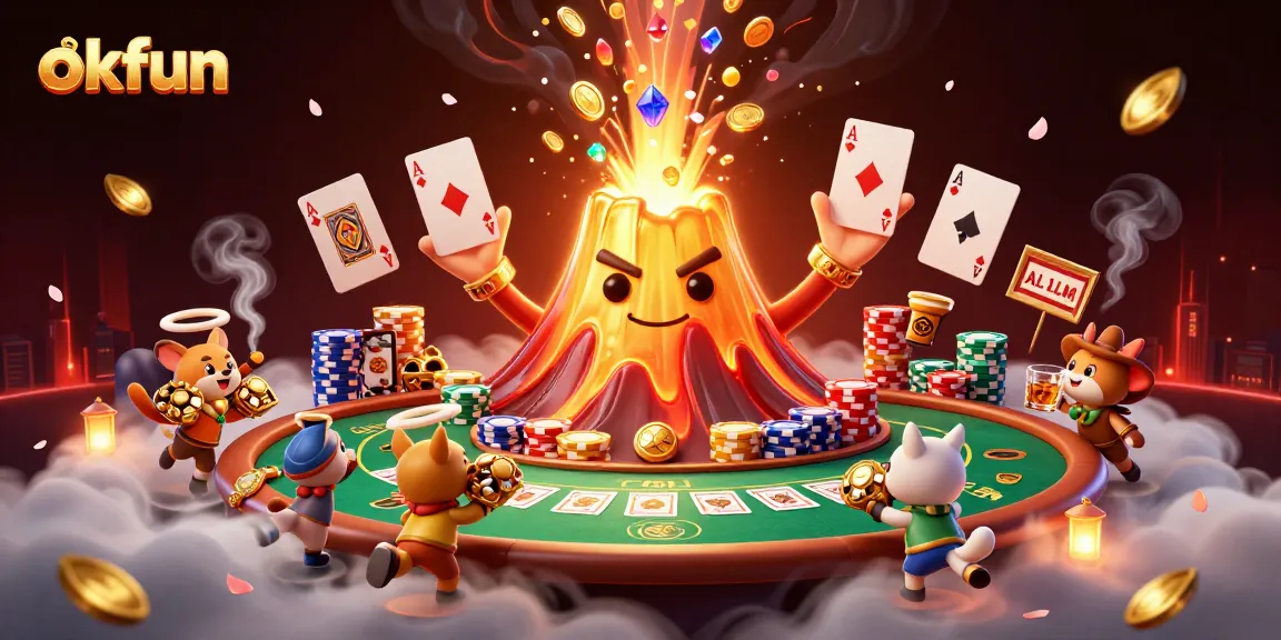 okfun showcases a vibrant 3D casino scene featuring a golden volcano bursting with treasure.