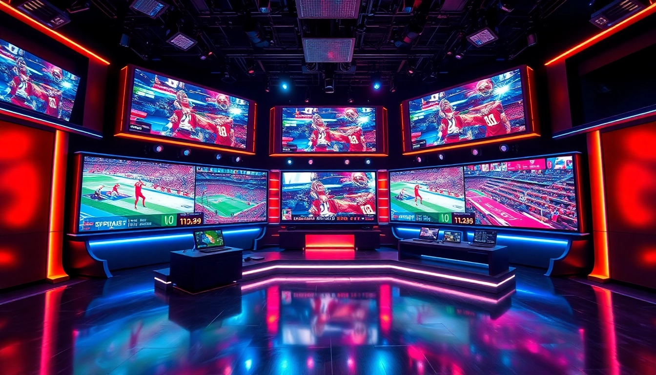 Engaging scene of sports broadcasting showcasing live sports events with vibrant screens.