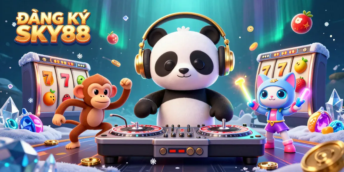 Experience the excitement of ĐĂNG KÝ SKY88 with a vibrant 3D casino party featuring animated characters.