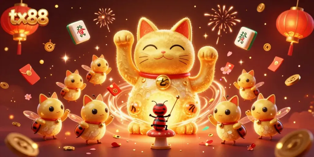 Experience the thrill of tx88 with golden fireflies and casino symbols in a vibrant illustration.