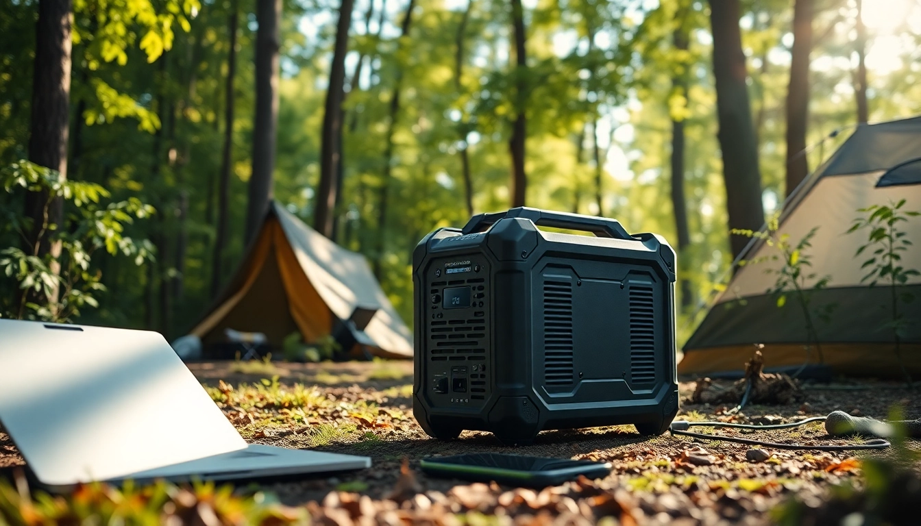EcoFlow power station providing energy in a lush camping environment.