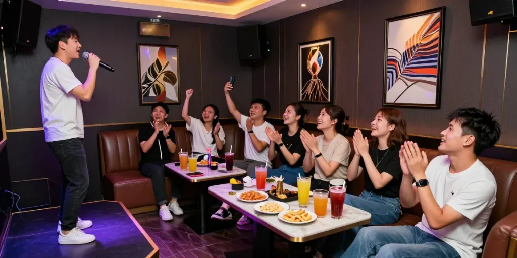 강남달토에서 즐거운 노래파티를 하는 친구들, 활기찬 분위기와 고급스러운 인테리어