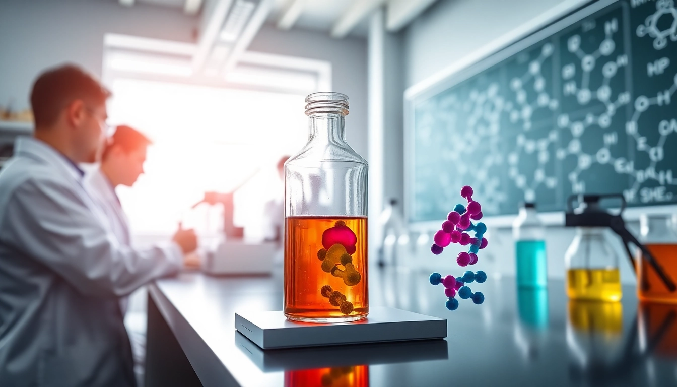 Analyzing peptides in a modern laboratory with colorful samples and advanced equipment.