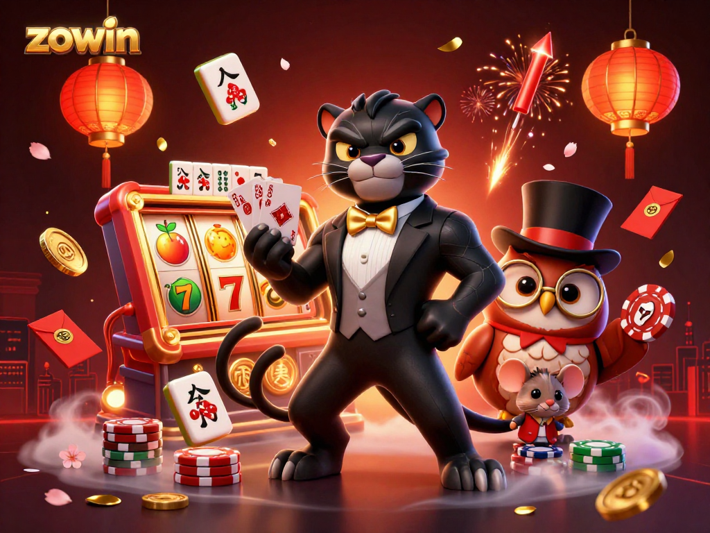 Zowin showcases a stylish panther dealing cards at an exhilarating casino scene surrounded by vibrant game elements.