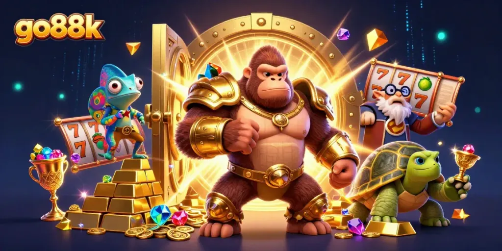 Experience the excitement of go88k with a powerful casino-themed scene featuring a gorilla king and treasures.