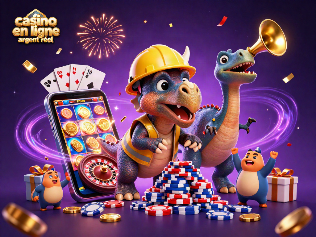 Gagnez au casino en ligne argent réel avec une illustration de jeux animée entourée de confettis.