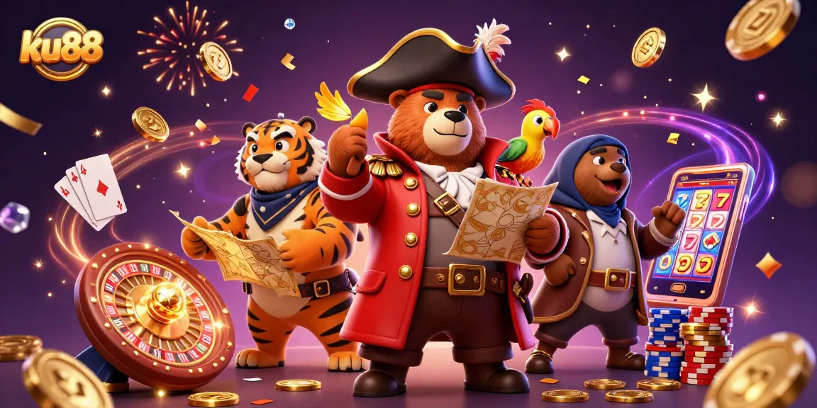 Experience thrilling gameplay at ku88 with a vibrant casino scene featuring a pirate bear, tiger, and enchanted elements.