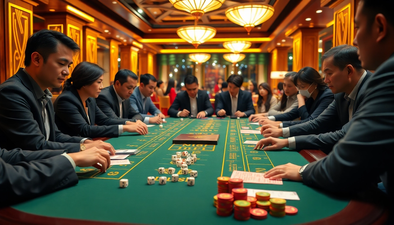 Tài xỉu md5 game action at a luxurious casino table with vibrant colors and professional atmosphere.