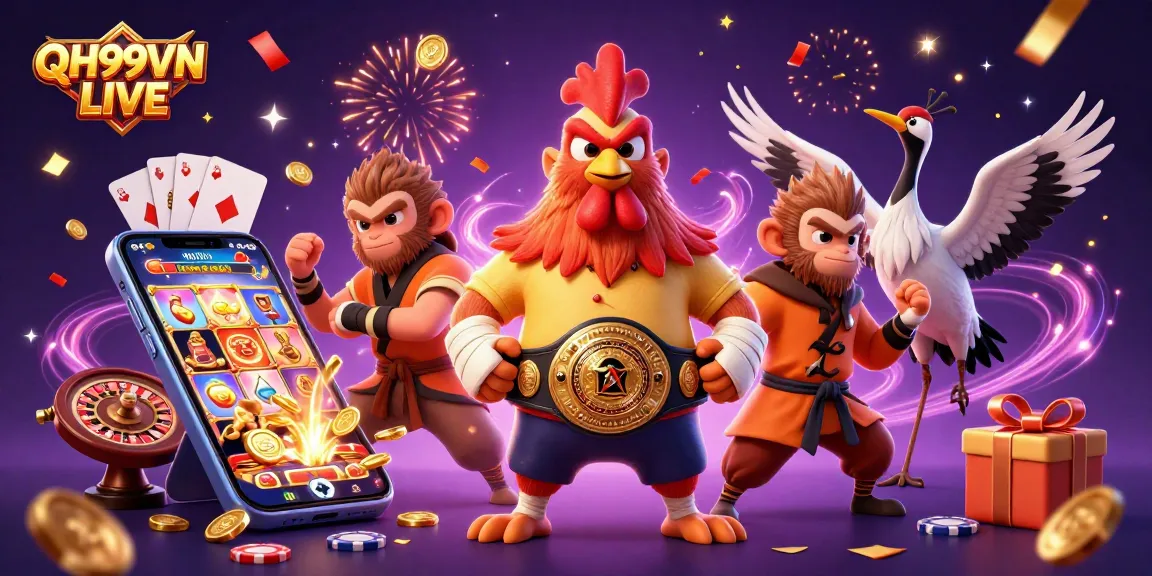 Engage with QH99VN LIVE as a rooster and monkey compete in vibrant casino games!