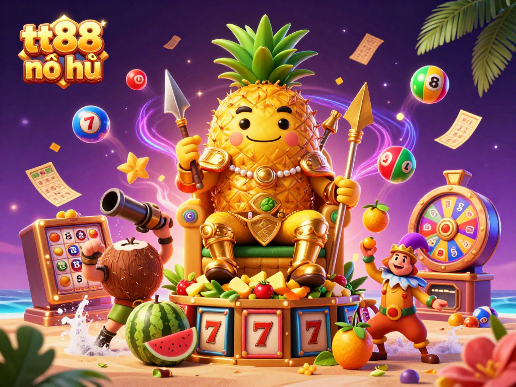 Engage with the tt88 nổ hũ jackpot extravaganza featuring a golden pineapple king amidst vibrant casino elements.