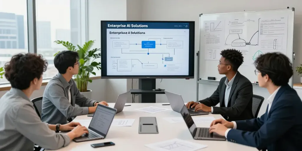 Collaboration in an office discussing Enterprise AI strategies with diverse professionals.