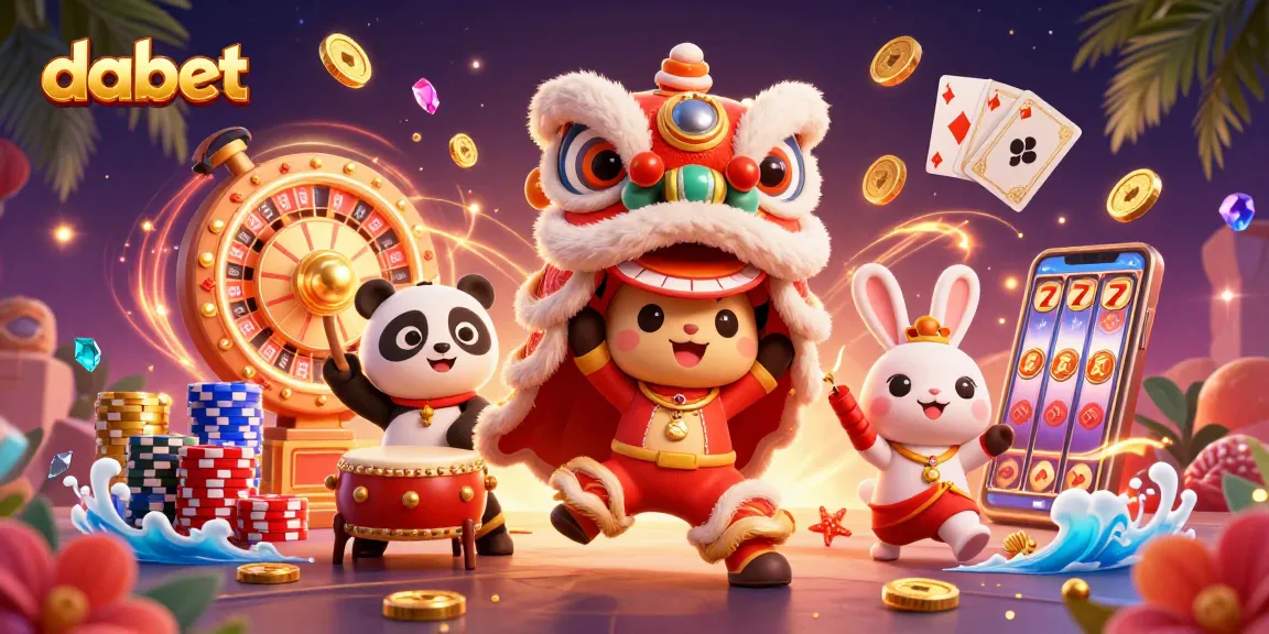 Dabet offers exciting gaming adventures with a lively lion dance, colorful chips, and spinning roulette.