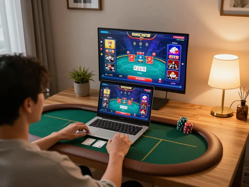 Engaging in a thrilling poker game on tip88 with a dynamic online setup at home.