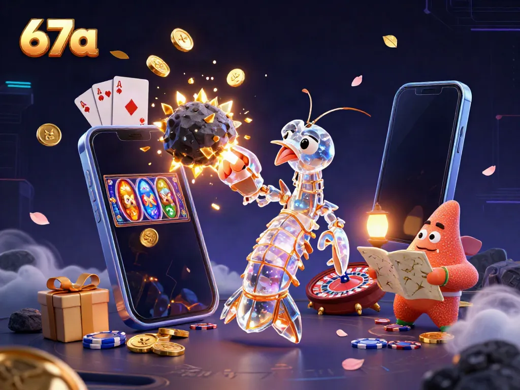 Gamblers at 67a engage with a vibrant slot game, featuring a punching mantis shrimp and a starfish.