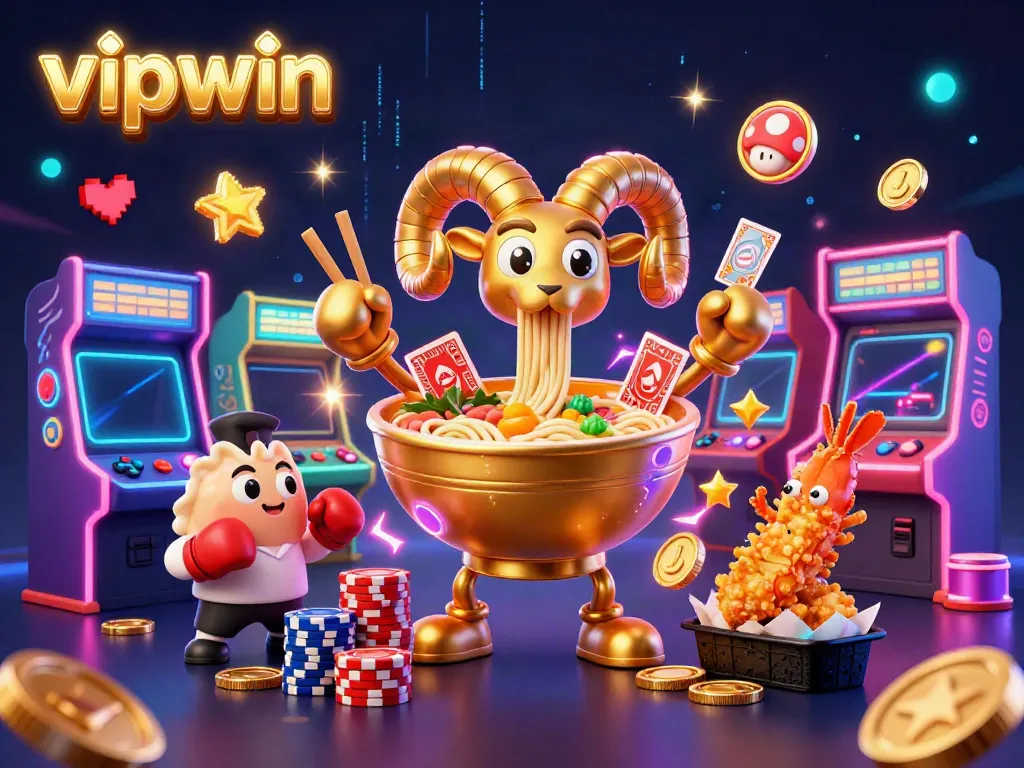 Experience excitement with vipwin's colorful casino scene featuring dynamic cartoon characters, game elements, and vibrant decorations.