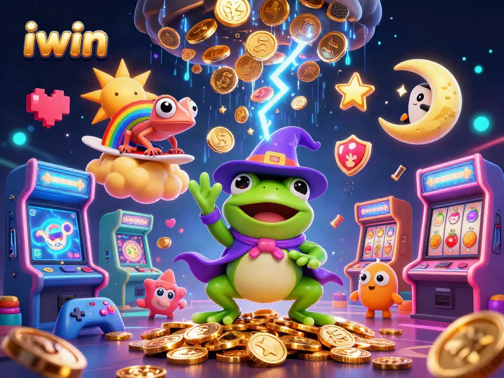 Spin and win with iwin featuring a whimsical wizard frog and vibrant casino elements.